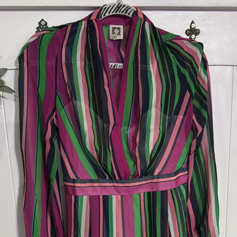 Anne Klein Green and Pink Wrap Sundress with Bishop Sleeves